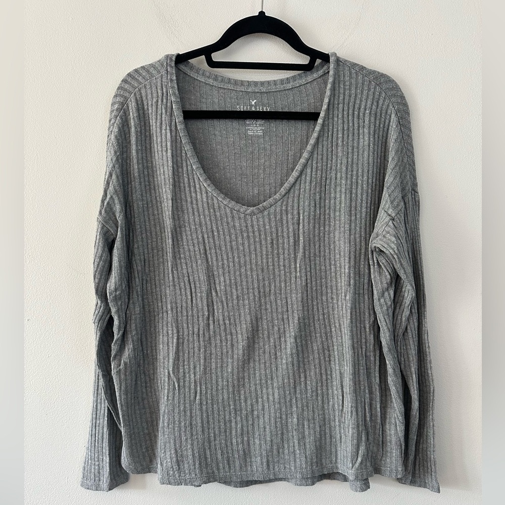 American Eagle Outfitters Gray Ribbed Long Sleeve Tee